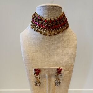 Indian Gold and Pink Choker Necklace Set Brand New